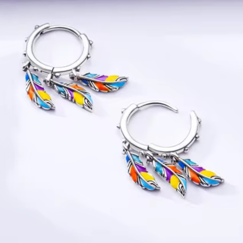 NWOT Colorful Feathers Dream Catcher Bohemia Asymmetry Drop Dangle Earrings 925